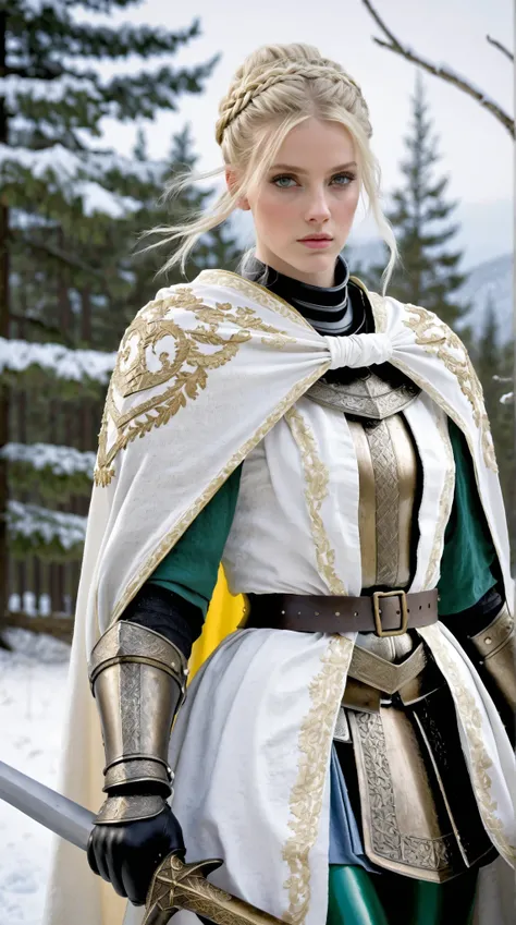 (masterpiece), best quality, expressive eyes, perfect face, blond hair, blue yellowish eyes, latex gloves, white capes, black leggings, light armor, skirts, iron shoes, knight woman, pale skin, yandere, leda hair ribbon, ribbon, braid, single hair bun, bra...