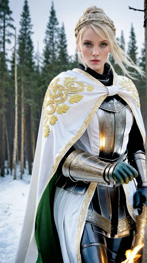 (masterpiece), best quality, expressive eyes, perfect face, blond hair, blue yellowish eyes, latex gloves, white capes, black leggings, light armor, skirts, iron shoes, knight woman, pale skin, yandere, leda hair ribbon, ribbon, braid, single hair bun, bra...