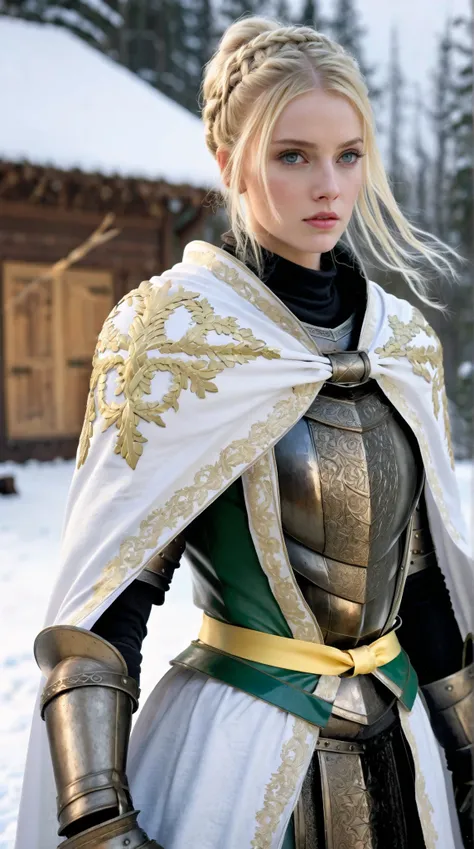 (masterpiece), best quality, expressive eyes, perfect face, blond hair, blue yellowish eyes, latex gloves, white capes, black leggings, light armor, skirts, iron shoes, knight woman, pale skin, yandere, leda hair ribbon, ribbon, braid, single hair bun, bra...