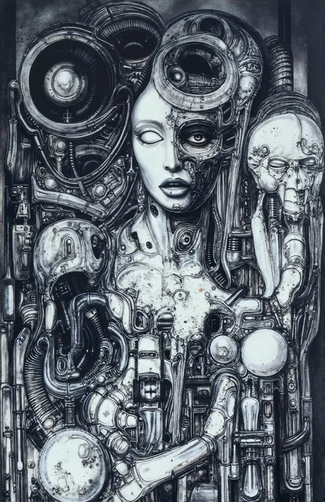 Create a biomechanical surrealist composition in the style of H.R. Giger, emphasizing an intimate, enclosed environment constructed from a dense, interlocking matrix of sinewy tubes, hydraulic pistons, and organic armor-like forms. The composition should f...