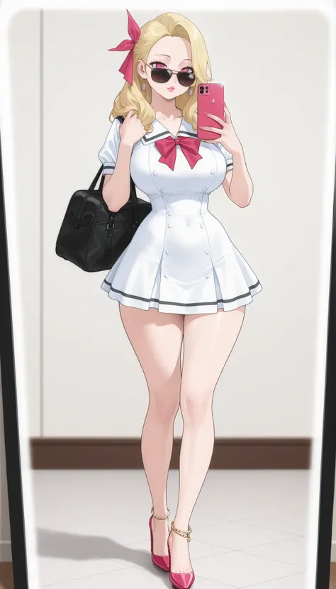 A mature beautiful woman with blond hair, extremely fair white natural skin, big pink eyes, red plump glossy lips, pink nails, a small waist, and a perfect sexy voluptuous curvy body. She's only wearing a revealing mini short Japanese school skirt uniform ...