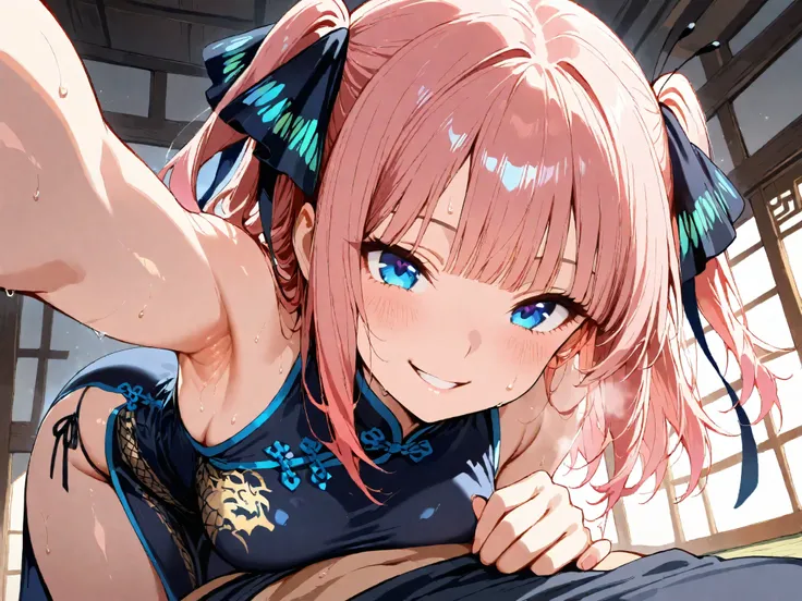 (nsfw:1.3), Score_9, Score_8_up, masterpiece, best quality, absurdres, medium hair,pink hair,shiny hair,hime cut,twintails,two side up,hair ribbon,black ribbon,butterfly hair ornament,blunt bangs,eyebrows hidden by hair,blue eyes
1girl, 1boy, chinese dress...