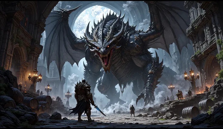 A dramatic battle scene inside an ancient, shadowy brewery with moss-covered stone walls, cracked barrels, and flickering lanterns. A massive black dragon looms, its wings unfurled and eyes glowing with menace, spewing thick, oily black tar across the ston...