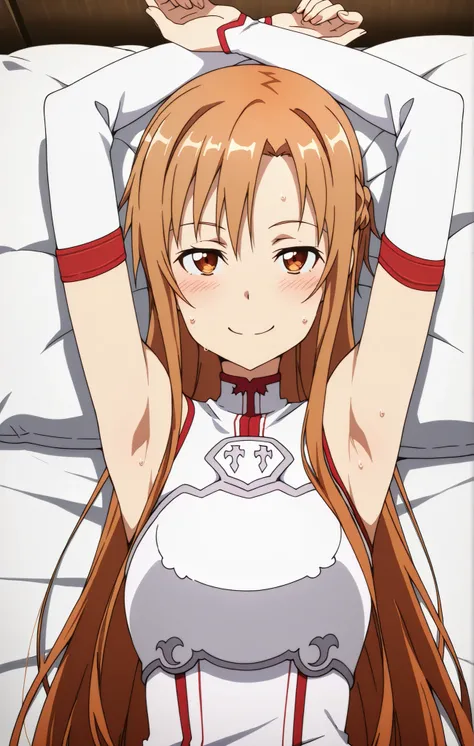 masterpiece, best quality, amazing quality, anime screencap, anime coloring, 1girl, solo, Yuuki Asuna, Yuuki Asuna SAO costume, White Armor, White breastplate, White isolated sleeve, (character), long hair, detached sleeves, bare shoulders, bare arms, arms...