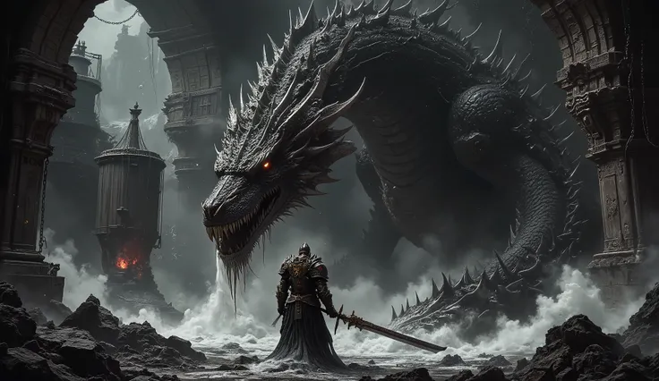 A nightmarish medieval battle deep within a forgotten, hellish brewery beneath a cursed castle. The stone walls weep black mold and bloodstained condensation. Chains clatter from the ceiling, and shattered barrels leak rancid ale into a bubbling mire of ro...
