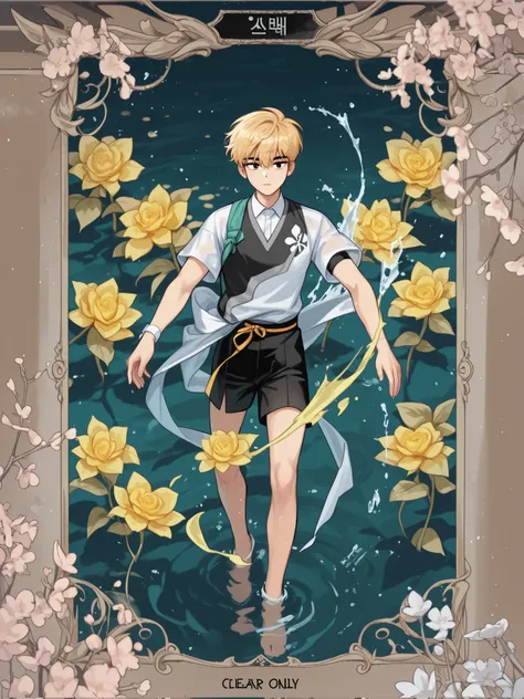 Full hd , blonde hair , 8k , clear face ,with double hair split in the middle , handsome , manhwa, water, 2 eyes are clearly not blurred, xinh trai , color tone , eyes are not distorted