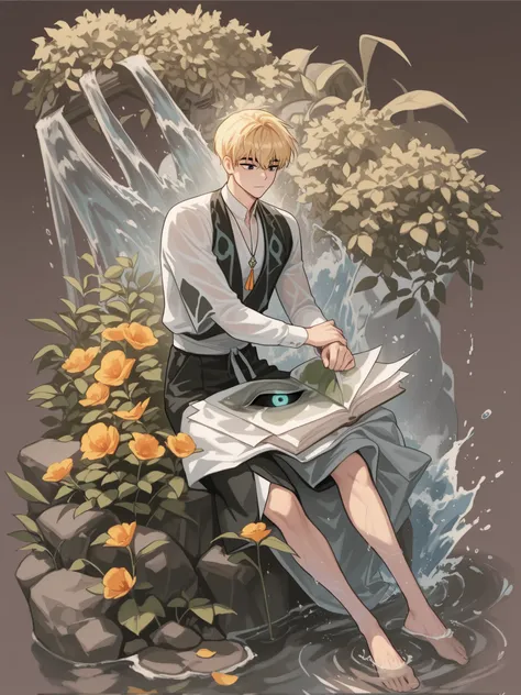 Full hd , blonde hair , 8k , clear face ,with double hair split in the middle , handsome , manhwa, water, The two eyes are clearly not blurred., xinh trai , color tone , eyes are not distorted
