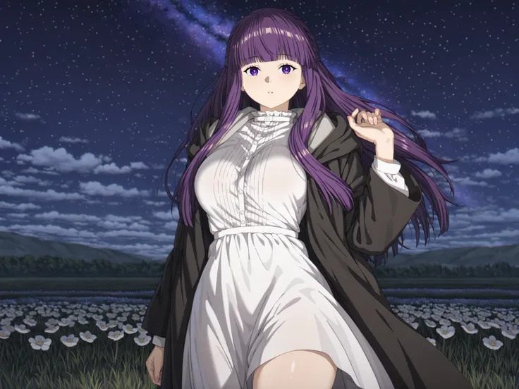 solo, female focus, 1 girl - Fern from Frieren, ong hair, bangs, purple eyes, purple hair, sidelocks, blunt bangs, bright pupils, half updo, large breasts, anime screencap
long sleeves, dress, white dress, long dress, robe, black robe, night sky, night tim...