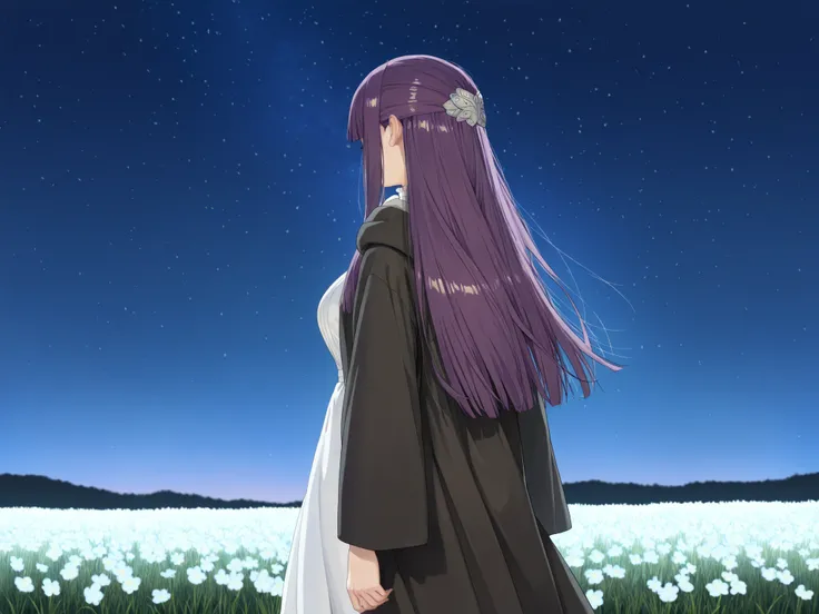 solo, female focus, facing away, back view, 1 girl - Fern from Frieren, long hair, purple hair, sidelocks, half updo,
long sleeves, dress, white dress, long dress, robe, black robe, night sky, night time, outdoors, grass field, white flowers, high detailed...