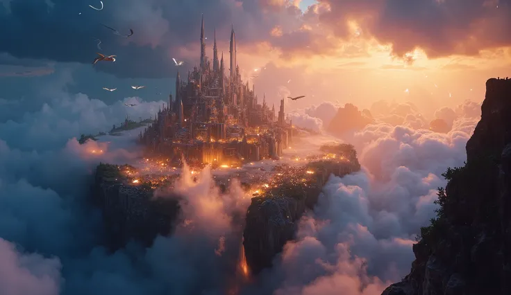 [ancient floating continent above clouds glowing under twilight sky, shattered ruins, cascading magical waterfalls, flying mana beasts in distance], [epic fantasy, cinematic, godlike scale], [ARRI Alexa 65], [70mm lens], [sunset light breaking through clou...
