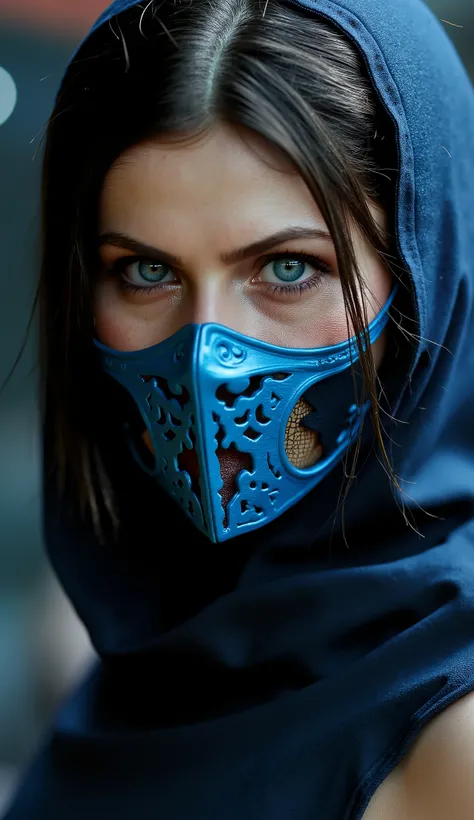 Make Gal Gadot like Kitana a hyper realistic image close up upper body with a blue metallic mask hyperdetailed textures the hyperrealistic background