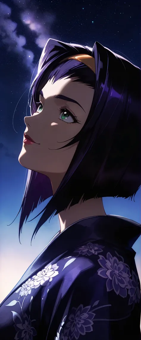 1 woman, faye valentine, close up, purple hair, green eyes, dark indigo kimono, solemn smile, outdoors, night, looking at the stars, looking up to the sky, chiaroscuro, masterpiece, high quality, highly detailed