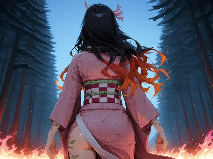 solo, female focus, facing away, back view,  1 girl - nezuko kamado, black hair, hair ribbon, long hair, multicolored hair, orange hair, wavy hair, two-tone hair, japanese clothes, horns, kimono, sash, obi, demon girl, demon claws, single horn on right sid...