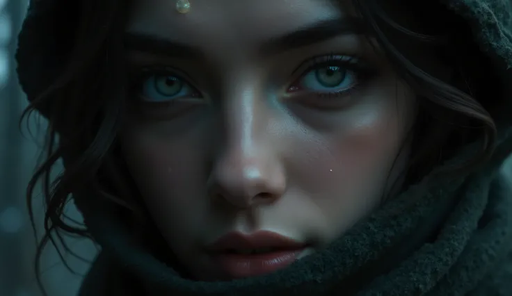 A close-up shot of a woman's beautiful black eyes, reflecting the moonlight. Her wavy hair dances gently.