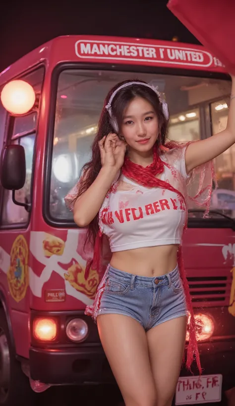 Cute Asian DJ girl dancing confidently on a big red and black bus covered with ManchesterUnited FC design. She is wearing a white top, cute butt cheek-revealing denim shorts, tights, and white DJ headphones. Her long hair is wet, happy, swaying as she move...