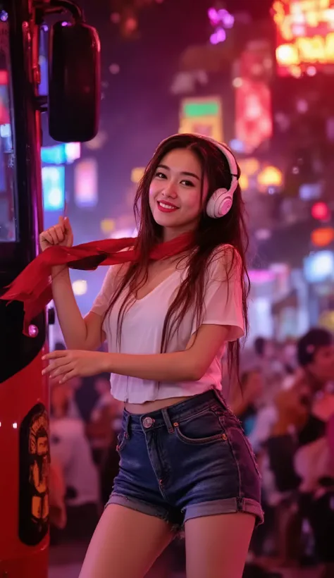 Cute Asian DJ girl dancing confidently on a big red and black bus covered with ManchesterUnited FC design. She is wearing a white top, cute butt cheek-revealing denim shorts, tights, and white DJ headphones. Her long hair is wet, happy, swaying as she move...