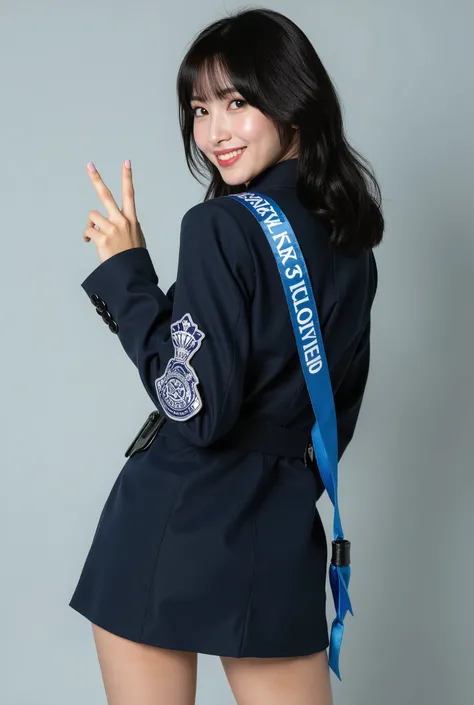 Create a portrait of a stunning Japanese female singer. She has a slim physique, medium-sized bust, and slender legs. Her hair is medium-length. She is dressed in a Japanese police uniform, embodying the role of a "one-day police chief," with the words "一日...