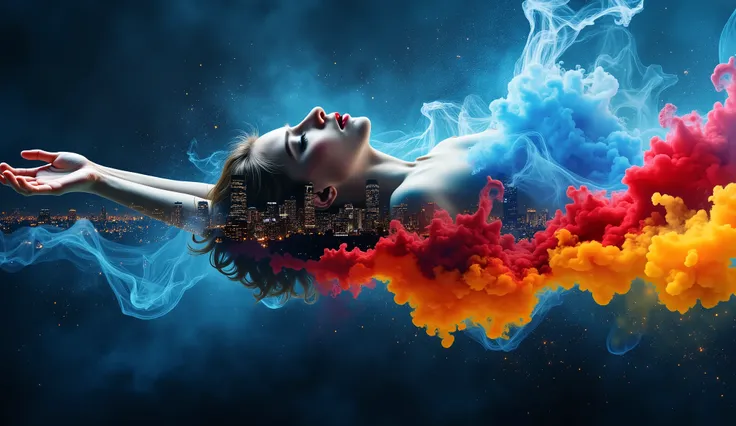 surreal fantasy, watercolor, digital paint, an ethereal image of a woman falling apart in smoke in the colors blue, red and yellow. In the background the city at night, with all lights on, on dark background . 
