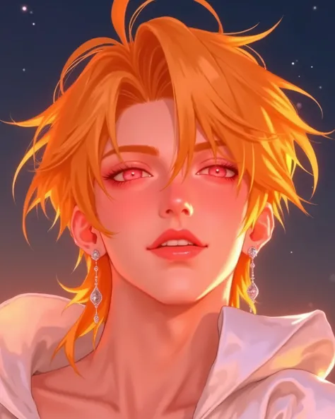 illustrations, Modern Art, cinematography,  fill the picture , 3D graphics, glowing light, the cinematic light effect, hair ornaments, back muscles, grins, Pink Eyes, red lips, big breasts, ear rings, long hair, orange hair, Tie side hair , is a messy hair...