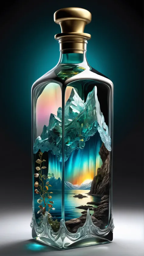 Vadim Kacin and Alberto Seveso 、Mark Simonetti、Jeremy Geddes、 by Gediminas Plankeviciu 、, Close up of a stunning crystal clear stained glass bottle with an aurora fjord inside。 Intricate and Highly Detailed Photorealistic Digital Painting , Artistic Art...