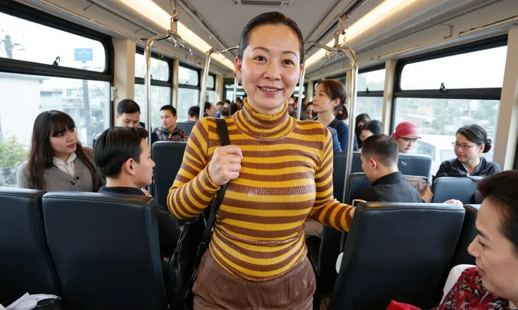 close-up Professional photographic shot of a buxom older Chinese lady wearing detailed soaking wet clothes. She has massive breast and looks ver japanese, black wet hair and is soaking wet in a shiny thin yellow and brown horizontal thin-striped shape-wear...