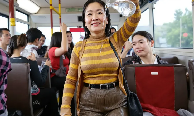 close-up Professional photographic shot of a buxom older Chinese lady wearing detailed soaking wet clothes. She has massive breast and looks ver japanese, black wet hair and is soaking wet in a shiny thin yellow and brown horizontal thin-striped shape-wear...