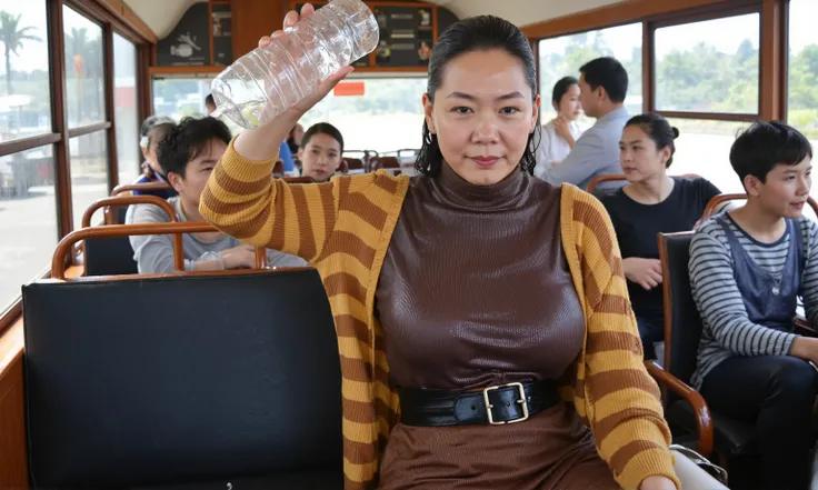 close-up Professional photographic shot of a buxom older Chinese lady wearing detailed soaking wet clothes. She has massive breast and looks ver japanese, black wet hair and is soaking wet in a shiny thin yellow and brown horizontal thin-striped shape-wear...