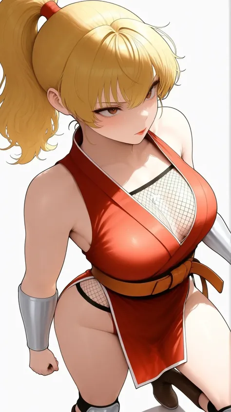 1girl .solo,Blonde hair. Ponytail.bare shoulder.  red scrunchies.Bare neck,Sleeveless. clavicle.red dress.red kimono. fishnet on chest,White line at hem of pelvic curtain,silver arm cover.  . orange Martial Arts Belt、silver knee protector,Brown leather boo...