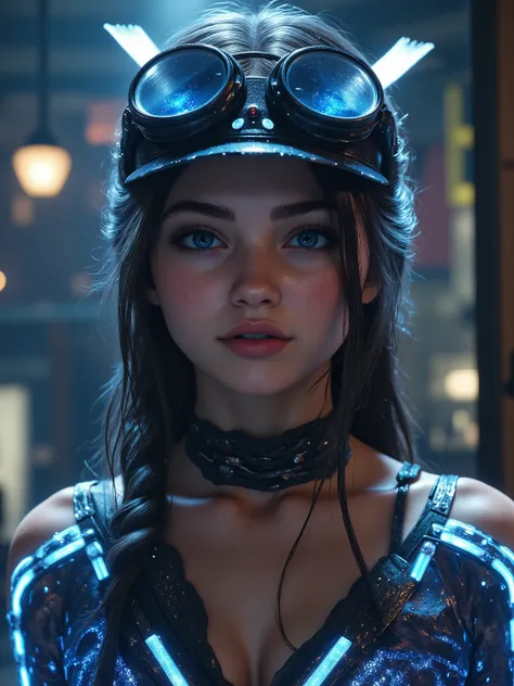 A stunning pretty young lady, dark hair, a cyberpunk samurai warrior, thunder Blue eyes, high tech warrior, glowing blue fire eyes, longer hair, with glowing katana , gorgeous lady, full body image, glowing tattoos in her skin, glowing skin, Photorealistic...