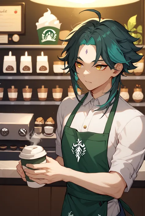 masterpiece, top quality
xiao single detachable sleeve, 1 boy, male focus, One, green hair, black hair, two-tone hair, ahoge, yellow eyes, face sign,  forehead tag ,  chelka,  shirt, white  shirt,  coffee shop background, barista, coffee,  apron