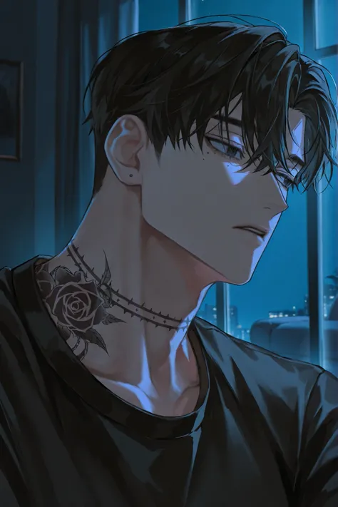 1male,black t-shirt,black hair,handsome,tattoo,open the collar,living room,lie on the sofa,mole under eye,adult,late night,dim,mafia,at the window,night view,describing a face in close-up, alone, solo,oneshot