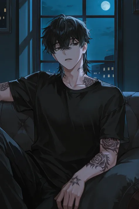 1male,black t-shirt,black hair,handsome,tattoo,open the collar,living room,lie on the sofa,mole under eye,adult,late night,dim,mafia,at the window,night view,alone, solo,oneshot