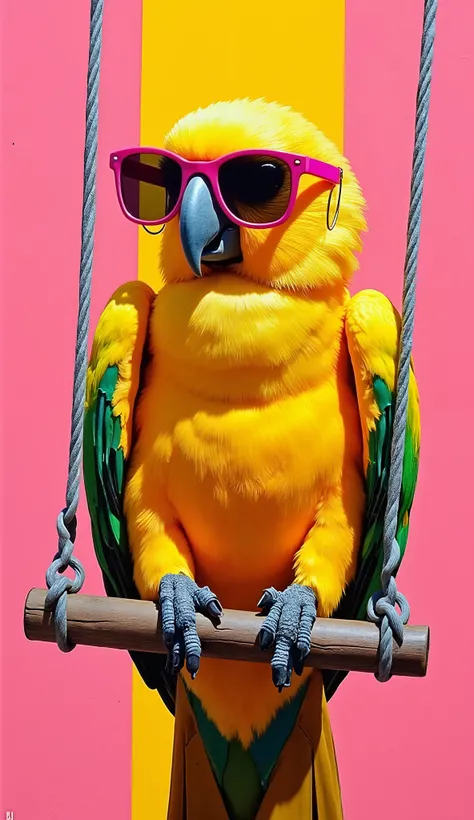 A parrot dressed like a 90s supermodel, wearing oversized sunglasses, hoop earrings, bold makeup, sitting on a swing. Fashion magazine cover style, pink and yellow background, pop art aesthetic, high detail, oil painting texture.