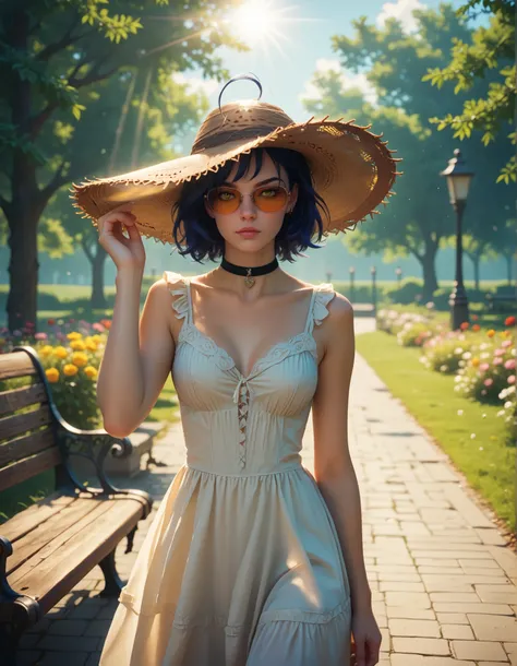 score_9, score_8_up, score_7_up, masterpiece, best quality, absurdres, highres, solo, mz, ahoge, short hair, blue hair, yellow eyes, sunglasses, sundress, black choker, hands under head, straw hat, bench, sun rays, flowers, outdoors, park bench, hand up, s...