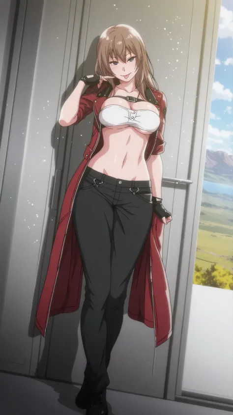 masterpiece, best quality, amazing quality, very aesthetic, absurd, latest, landscape, anime screenshot, dutch angle, (dante outfit), 1 girl, chisa, alone, chisa_IlXL,1 Girl,Alone,Brown Hair,Long Hair, looking at viewer, slight smile, contrast, looking at ...