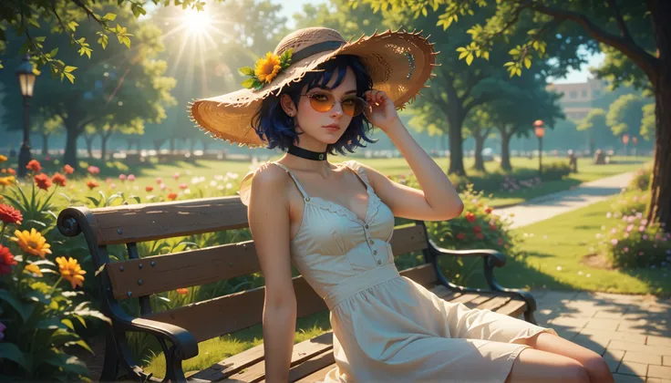 score_9, score_8_up, score_7_up, masterpiece, best quality, absurdres, highres, solo, mz, ahoge, short hair, blue hair, yellow eyes, sunglasses, sundress, black choker, hands under head, straw hat, bench, sun rays, flowers, outdoors, park bench, hand up, s...