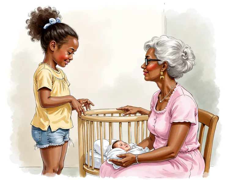 A girl standing talking to a woman sitting beside a babies cot, full body view, Nigerian
Water color illustration, no background