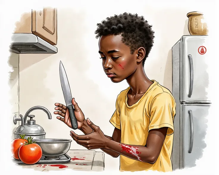 A Nigerian boy accidentally cuts his hands with a knife while standing in the kitchen
Water color illustration, no background