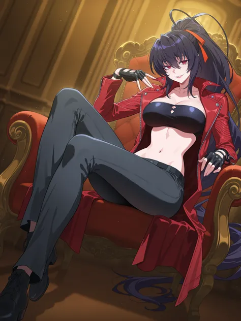 obra-prima, Better Quality, incredible quality, girl, Absurdo, mais novo, paisagem, screenshot de anime, Dutch angle, akeno, (Dante outfit), black hair, very long hair, hair ribbon, ponytail, olhos roxos, looking at the viewer, Slight Smile, contraste, loo...