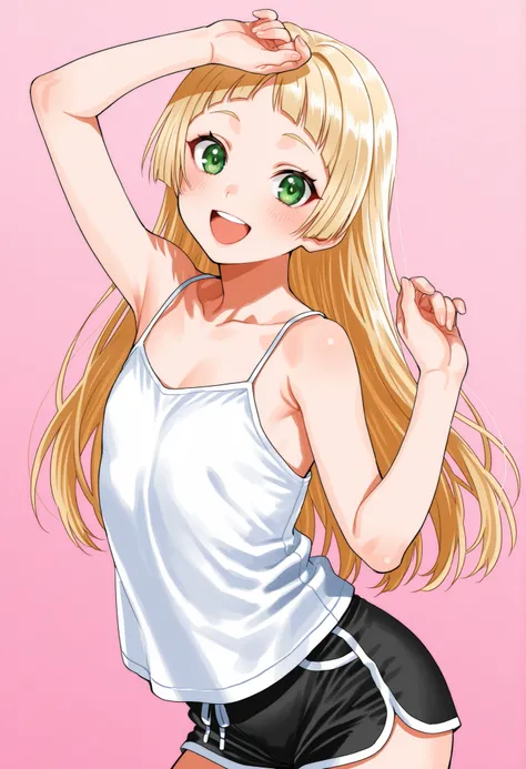by kuya (hey36253625), 1girl, solo, blonde hair, long hair, arched bangs, green eyes, small, petite, flat chest, white shirt, spaghetti straps, tank top, black shorts, upper body, looking at viewer, smile, happy, open mouth, upper teeth, arm up, contrappos...