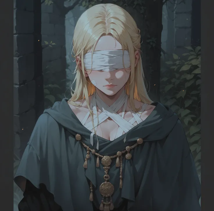 Anime style, slightly wider view, tighter clothes, bigger chest, white bandage covers both eyes, golden hair, bandage covering eyes, both eyes covered,