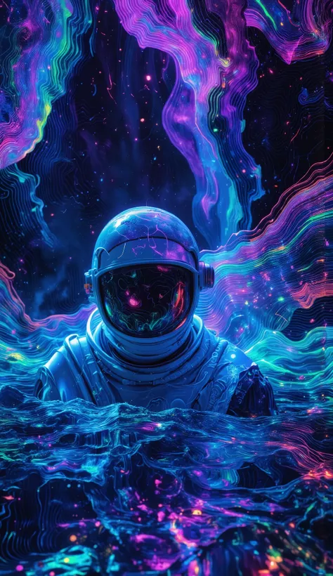 A mysterious astronaut sinking slowly into a glowing, magical psychedelic ocean under a starry sky, surrounded by ethereal light trails and floating ancient runes, his cracked helmet leaking stardust, galaxies reflected in the water, surreal atmosphere mix...