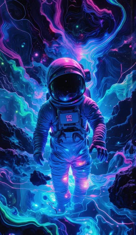 A mysterious astronaut sinking slowly into a glowing, magical psychedelic ocean under a starry sky, surrounded by ethereal light trails and floating ancient runes, his cracked helmet leaking stardust, galaxies reflected in the water, surreal atmosphere mix...