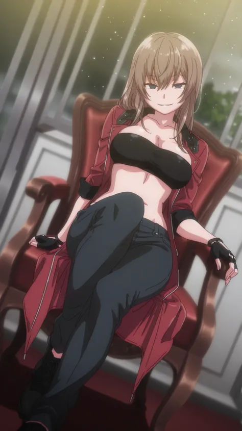 masterpiece, best quality, amazing quality, very aesthetic, absurd, newest, landscape, anime screenshot, dutch angle, 1 girl, chisa, alone, chisa_IlXL,1 Girl,Alone,Brown Hair, looking at viewer, slight smile, contrast, looking at viewer, seductive smile, a...