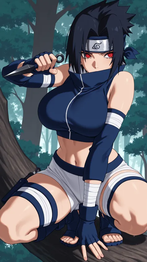 Masterpiece, 8k quality, extremelyl detailed, NSFW, adult female Sasuke Uchiha, waist-length raven hair tied back with layered fringe, intense eyes reflecting her Sharingan power, wearing a cropped navy-blue shinobi top and short white ninja shorts that re...