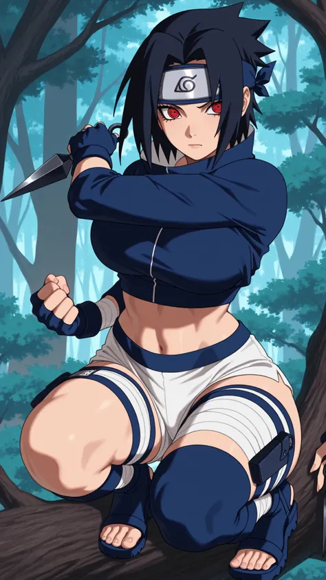 Masterpiece, 8k quality, extremelyl detailed, NSFW, adult female Sasuke Uchiha, waist-length raven hair tied back with layered fringe, intense eyes reflecting her Sharingan power, wearing a cropped navy-blue shinobi top and short white ninja shorts that re...
