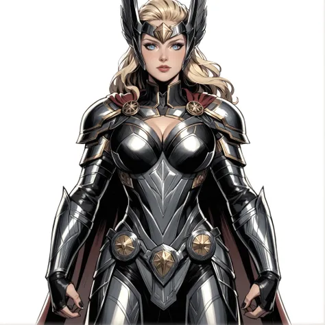 A powerful Asgardian warrior, daughter of Thor. She has pale skin, light blonde hair, and bright light blue eyes, shining like the skies of Asgard. She wears an elegant and imposing Asgardian armor with a red cape, forged with silver and gold details, bear...