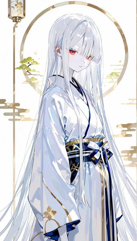 perfect anatomy、27Woman of age、 albino、 very white skin 、white hair、White eyebrows、very long straight hair、Hair that reaches down to the waist、Unhealthy skin color、close your eyes、white kimono、calm、standing、white background