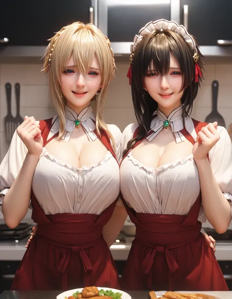 yuki yokoya and violet evergarden, two anime girls with big breasts, two women pose, full body shot, camera angle profesional, excited, with flushed cheeks, wearing red cooking apron only, oppai, oppai proportions, two beautiful anime girls (yuki yokoya an...