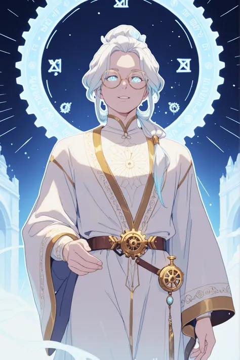 Eternal One FantasyMaleCharacter, regal and timeless appearance, male figure , pale human skin tone, ((long white hair tied in a neat bun at the back of his head)), celestial sky-blue eyes framed by round glasses that exude wisdom and calm. His expression ...